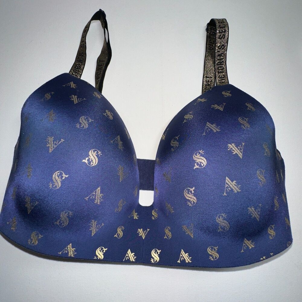 Victoria's Secret Bra‎ 34DD Navy Blue Gold VS Print Blue Gold Logo Shimmer Strap